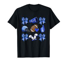 a black t - shirt with blue and white footballs, helmets and bows on it