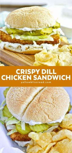 crispy dill chicken sandwich with pickles and chips