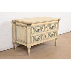 A gorgeous French Regency Louis XVI style two-drawer server, dresser, or chest of drawers  By Karges  USA, Circa 1960s  Carved walnut, with original cream and light blue painted finish, and original brass hardware.  Measures: 43.25"W x 21"D x 26.88"H.  Very good original vintage condition. French Regency, Painted Dresser, Louis Xvi Style, Dressers And Chests, Casegoods, Louis Xvi, Blue Paint, Victorian Style, Brass Hardware