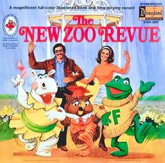 an advertisement for the new zoo'retue featuring two people and three animals