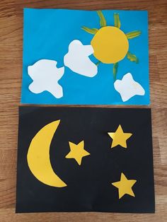 two pieces of paper cut out to look like stars and the moon