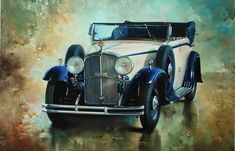 a painting of an old fashioned car on a brown and blue background, with the hood up