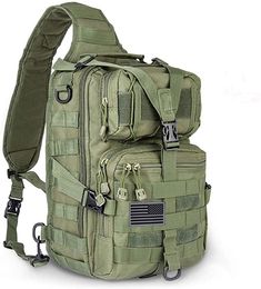 an army style backpack with the american flag on it's back pocket and shoulder strap