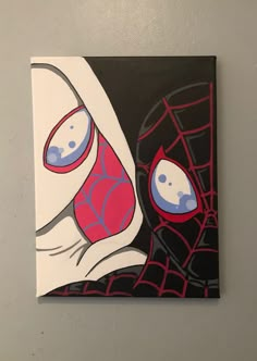 a painting of a woman wearing a spider - man bra with her eyes closed, on a gray wall