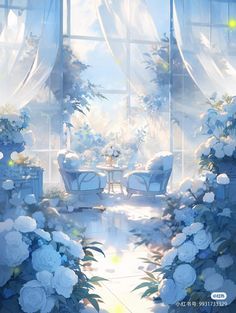 an artistic painting of flowers and chairs in front of a large window with sheer curtains