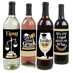 three wine bottles with labels on them that say, i will give legal advice for wine