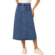 Elevate your style with this denim maxi skirt, crafted from soft yet durable denim that drapes beautifully to flatter your figure. Its high-waisted design elongates your silhouette, while the A-line cut creates a graceful flow. Stand out with the trendy flap pockets, not only adding a touch of functionality but also enhancing the skirt's visual appeal. Pair it with a fitted blouse and heels for a polished, office-ready look, or dress it down with a graphic tee and_ sneakers for a weekend stroll. Casual Denim Skirt, Womens Denim Skirts, Fitted Blouse, Skirts Midi High Waisted, Denim Skirt Women, Denim Maxi, Lined Jeans, Denim Skirts, Denim Maxi Skirt