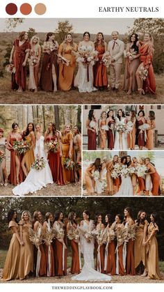 the bride and her bridal party is all dressed up in brown, gold and white