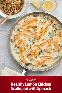 healthy lemon chicken scallopini with spinach in a skillet on the table