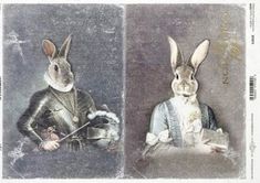 an old postcard with two rabbits dressed in medieval clothing, one wearing a suit and the other as a knight