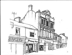 a black and white drawing of an old building on the corner of a city street