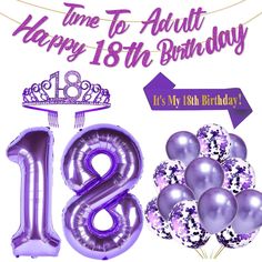 PRICES MAY VARY. 👑18th purple Birthday Party Supplies Set: You will get 34 pack of rose gold party favor in total: 1 x 98 inches "Time to Adult banner & Happy 18th Birthday" banner, 1 x 40 inches Number 1 purple foil balloon, 1 x 40 inches Number 8 purple foil balloon, 12 x 12 inches purple metallic latex balloons, 12 x 12 inches purple confetti balloons, 1 x 18th birthday sash, 1 x 18th purple glitter tiara. 👑Features of 18th Glittery Purple Crown &18 Purple Sash: The purple Tiara is made of Purple 18th Birthday, Rose Gold Party Favors, It's My 18th Birthday, Purple Tiara, 18th Birthday Banner, Balloons Purple, Purple Sash, Purple Birthday Party, 18th Birthday Decorations