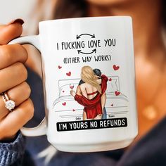 Personalized Coffee Mug. This funny Valentine coffee mug is the perfect gift for couples on Valentine's Day, anniversaries, or any romantic occasion. Add a personal touch to your morning coffee or tea routine with this charming design, making it a perfect gift for your loved one or a cherished addition to your own collection. It's an ideal choice for husbands, wives, girlfriends, boyfriends, and newlywed couples alike.MESSAGE:I Fucking Love You(Either Way Works).PRODUCT DETAILS:High-quality cera Funny Mug Designs, Mens Wardrobe, Valentine Coffee, Tea Routine, Wife Jokes, Coffee Valentines, Gifts For Fiance, Couple Mugs, Personalized Coffee Mugs