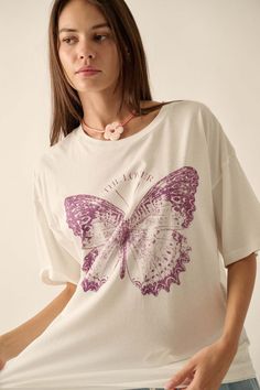 Lover Butterfly Oversize Graphic Tee - ShopPromesa Vintage Butterfly Print T-shirt For Summer, White Butterfly-shaped Top For Summer, White Butterfly T-shirt For Summer, White Butterfly Print Graphic Tee, Spring Butterfly Graphic Print Top, Oversize Graphic Tee, Lover Butterfly, Butterfly Graphic Tee, Butterfly Tshirt