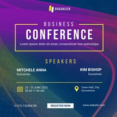 the business conference flyer for speakers is shown in purple, blue and yellow colors with an abstract background