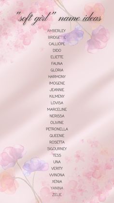 a pink and purple flowered background with the names of different flowers on it's side