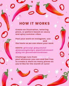 a pink poster with red peppers on it and the words how it works written below