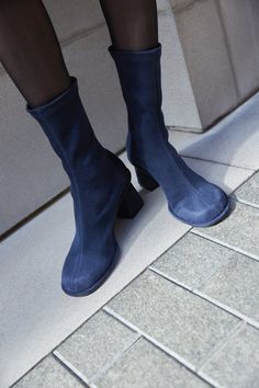 "Ankle boots 'Valerie\" features a round toe and low 6 cm / 2.4 inches block heel. This model is made-to-measure in blue Italian vegan suede. Because of stretchy material and made-to-measures these booties sit perfectly on the foot and are suitable for women with wide ankles and calves.  Cushioned insoles along the entire length of the shoe, are soft and remember the position of the foot. Tunit sole is a mixture of leather chips and rubber, it's more wear-resistant than leather and more durable. Blue Ankle-high Boots For Fall, Blue Round Toe Platform Boots For Fall, Fall Blue Platform Boots With Round Toe, Trendy Blue Mid-calf Boots With Round Toe, Trendy Blue Mid-calf Boots For Fall, Blue Round Toe Platform Boots For Winter, Blue Ankle-high Heeled Boots For Winter, Blue Winter Platform Boots With Round Toe, Winter Blue Ankle-high Heeled Boots