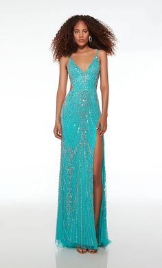 Alyce Paris 61585 Long beaded gown with a strappy back, leg slit, and side cutouts. Exquisite Gowns, Alyce Paris, Evening Dresses Prom, Beaded Dress, Prom Gown, Hand Beading, Dress Backs, Deep V Neck, Formal Occasion