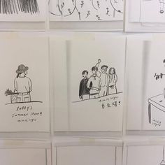 several drawings on white paper with black and white images in the middle one shows people talking to each other