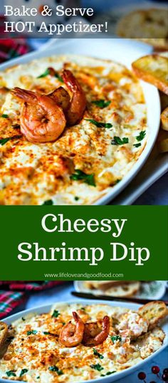 cheesy shrimp dip with bread and crackers on the side for appetizer