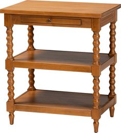 a wooden table with two drawers on each shelf