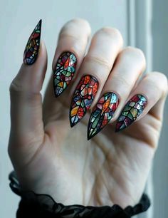 Stained glass design acrylic nails gothic Acrylic Nails Gothic, Stained Glass Nails, Daisy Acrylic Nails, Nails Gothic, Glass Nails Art, Witchy Nails, Gothic Nails, Crazy Nails, Glass Nails