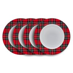 four red and green plaid dinner plates