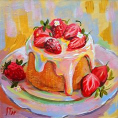 a painting of a cake with strawberries on top and frosting sitting on a plate