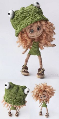 the doll is wearing a green knitted hat and dress with two eyes on it