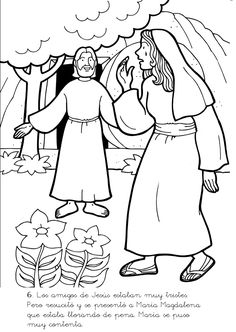 jesus and mary walking through the woods with trees in the background coloring page for kids