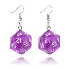 purple dice earrings with white letters on them, and the word's in silver