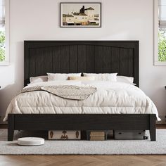 a bed with white sheets and pillows in a room next to two windows on the wall