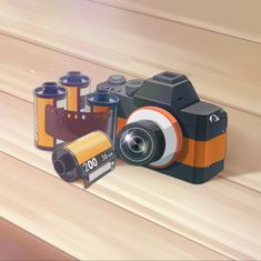 a digital camera sitting on top of a wooden floor next to some batteries and other items