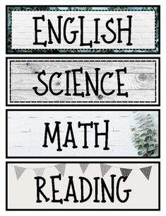 an english science, math and reading poster with the words in black on white background