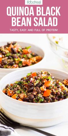 quinoa black bean salad in a white bowl