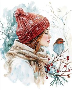 a watercolor painting of a woman wearing a red hat and scarf with a bird on her shoulder