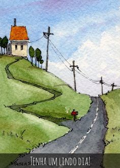 a drawing of a country road with a house on the hill and telephone poles in the distance