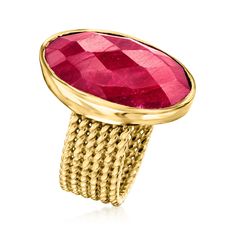 Ross-Simons - 11.00 Carat Ruby Ring in 18kt Gold Over Sterling. Size 7. Make any average outfit all the more memorable with this big-for-your-buck statement ring, featuring a fabulous 11.00 carat oval ruby centered on an ample 3/4" roped band. Finely crafted in polished 18kt yellow gold over sterling silver. Ruby ring. Ruby birthstones are the perfect gift for July birthdays. 14k Gold Ruby Ring With Oval Cabochon, Cabochon Ruby Ring In Yellow Gold, 14k Gold Red Cabochon Ruby Ring, Luxury 14k Gold Ruby Cabochon Ring, Classic Red Ruby Ring, Oval Cabochon, Silver Ruby Ring, Ruby Birthstone, Ring Ruby, July Birthday