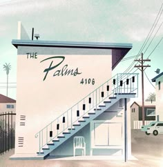 a painting of a building with stairs leading up to the top and bottom floor that reads the palms