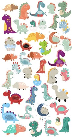 an assortment of dinosaurs with different colors and sizes