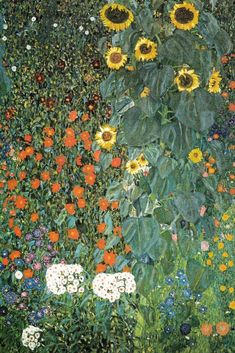 a painting of sunflowers and other flowers in a garden