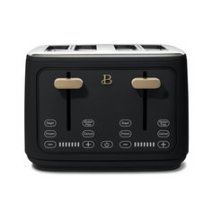 a black and white toaster sitting on top of a table