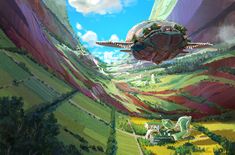 an artistic painting of a flying object in the sky above a mountain valley with houses and trees