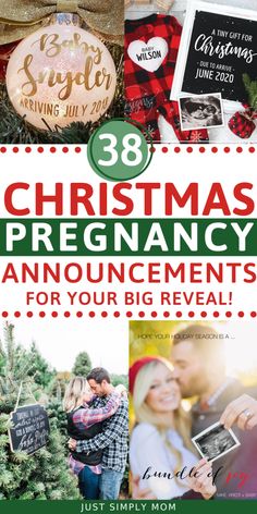 christmas pregnancy announcement with photos and text that says, 38 christmas pregnant announcements for your big reveal