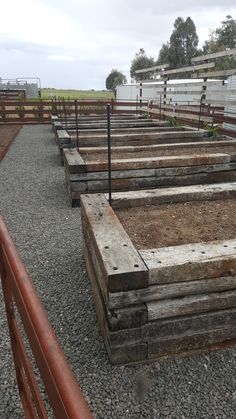 there are many raised beds in the dirt area with metal bars on each one side