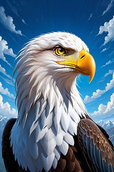 an eagle is standing in front of a blue sky with clouds and the sun behind it