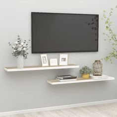 a flat screen tv mounted to the side of a wall next to books and plants