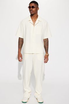 Show Up Short Sleeve Cuban Shirt - Off White | Fashion Nova All White Mens Outfit Wedding, Men Outfit White Pants, White Pants Men’s Outfit, Outfits For Concerts Men, White Cowboy Outfit Men, Mens Outfits Vacation, All White Male Outfit, Cruise Fits Men, All White Outfit Men Formal