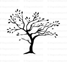 a black and white silhouette of a tree with leaves on it's branches, in front of a white background